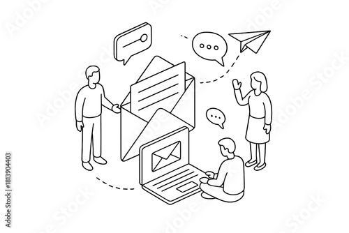 People interacting with mail and technology for digital communication and marketing