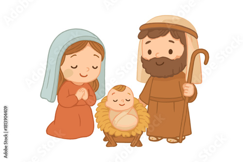 Cute cartoon Holy Family with baby Jesus in a manger for Christmas celebration