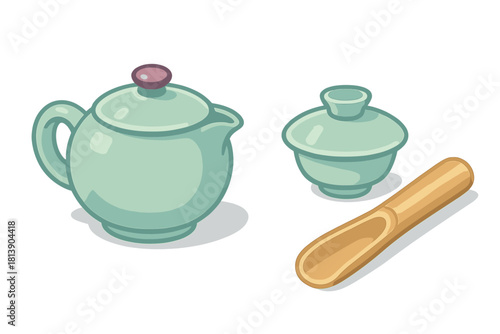 Traditional Chinese tea ceremony set including teapot, gaiwan, and wooden scoop
