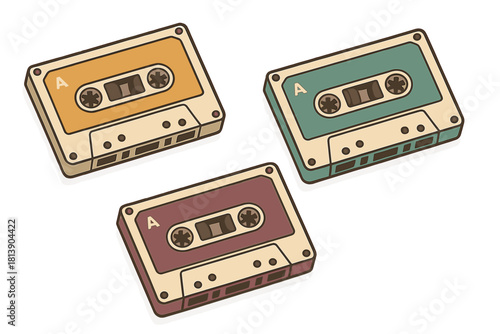 Three colorful vintage compact audio cassettes for retro music and analog sound