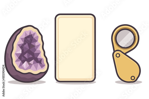 Amethyst geode crystal, blank label card, and jeweler's loupe for gemstone inspection