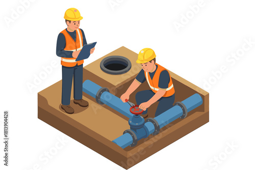 Construction workers repairing a pipeline system with a valve in an open trench