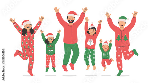 Joyful Holiday Spirit: A cheerful family dressed in festive pajamas and Santa hats joyfully celebrates the holidays, capturing the essence of togetherness, warmth, and seasonal cheer.