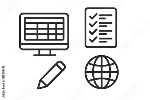 Outline icons representing digital productivity, data management, and global network
