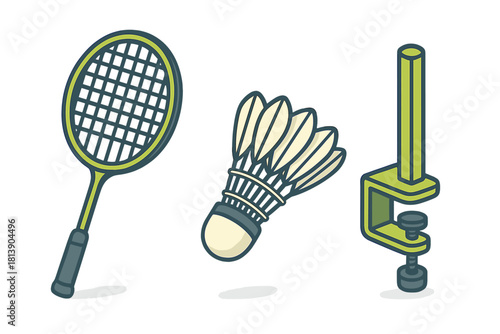 Collection of badminton racket, shuttlecock, and desk clamp objects in isometric style