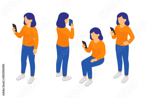 Isometric woman character set using mobile phone for communication and browsing