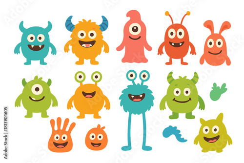 Set of adorable smiling alien creatures in various shapes and bright colors
