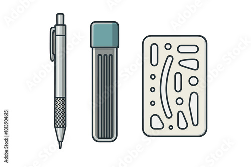 Mechanical pencil, lead container, and geometric stencil for technical drawing