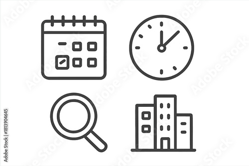Calendar clock magnifying glass and buildings for business planning and scheduling