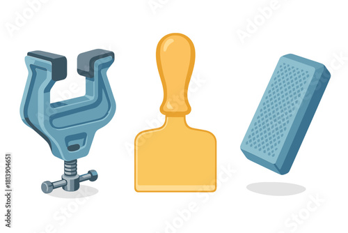 Bench vise, yellow handled scraper, and blue abrasive sharpening stone for construction work