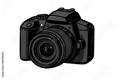 Professional black digital SLR camera body with large zoom lens for high quality photography