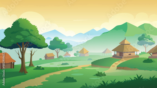 Golden sunset horizon shining across an Asian village with a dominant big tree vector illustration ai generated art