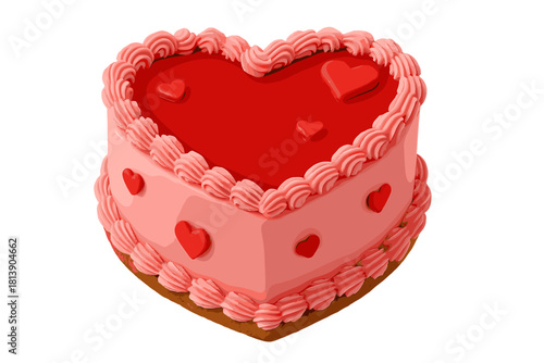 Sweet heart-shaped cake decorated with pink icing swirls and small red fondant hearts
