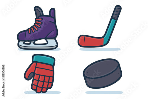 Essential ice hockey gear set featuring skate, stick, glove, and puck for winter sports