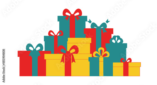 Vector illustration of a stack of festive presents in red, teal, and gold, symbolizing giving and celebration