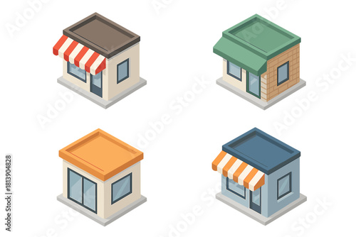 Isometric set of four small shop buildings for retail and commercial business