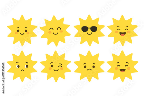 Cute cartoon sun characters showing various emotions and facial expressions