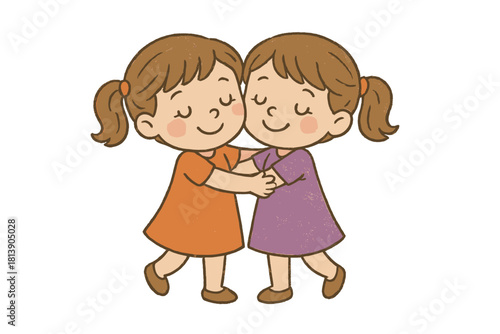 Two little girls hugging affectionately with closed eyes showing friendship and love