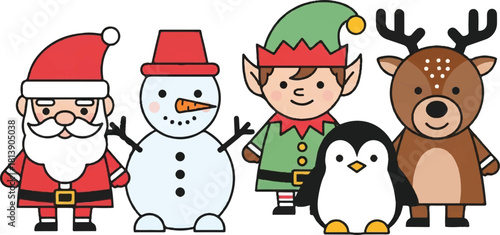 Festive christmas characters santa snowman elf penguin and reindeer lined up nicely
