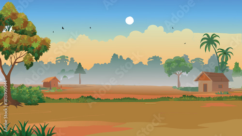 Soft warm sunset illuminating an Asian village and towering big tree vector illustration ai generated art
