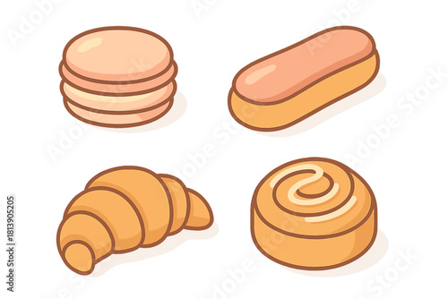 Isometric collection of French pastries: croissant, eclair, macarons, and cinnamon roll