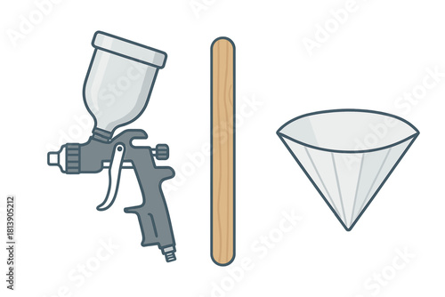 Essential tools for professional paint application including a spray gun, stirring stick, and conical filter