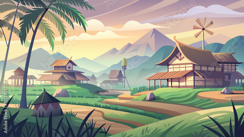 Deep Asian village at dusk with a warm sunset behind a giant tree vector illustration ai generated art