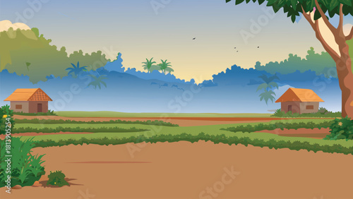 Golden sunset light falling on a peaceful Asian village and big tree vector illustration ai generated art