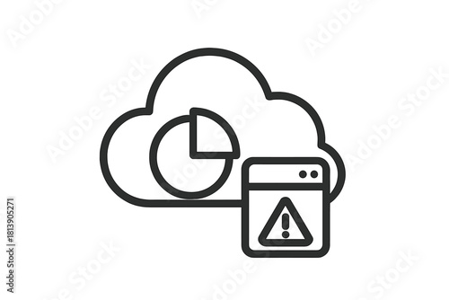 Cloud data analysis security risk warning icon with pie chart and system alert window