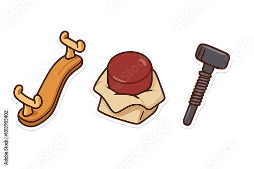 Essential accessories for string instruments including shoulder rest, rosin, and bow screw