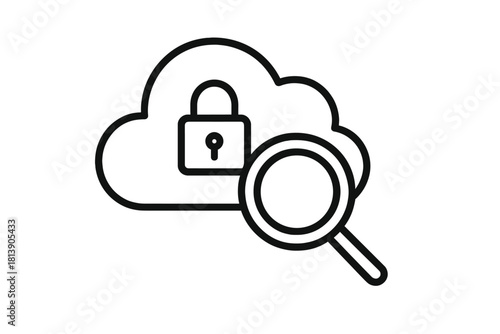 Magnifying glass searching a locked cloud computing symbol for security analysis