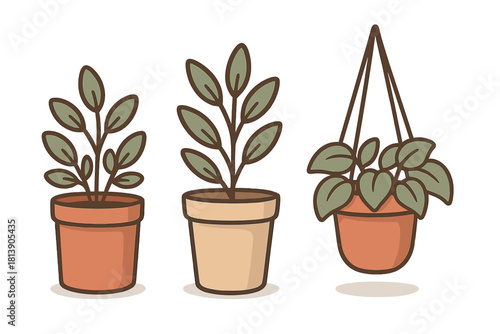 Stylized set of three indoor potted plants including standing pots and a hanging basket