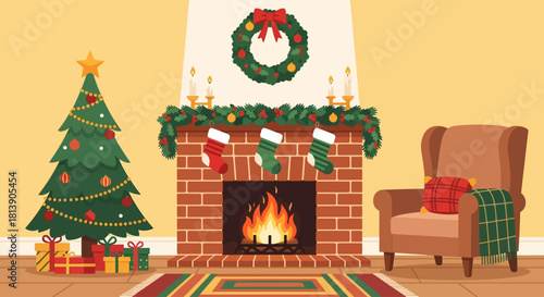 A cozy and festive living room decorated for Christmas with a warm fireplace, a decorated tree, and stockings