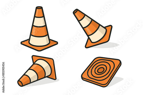 Set of orange and white safety cones shown in various perspectives for road construction