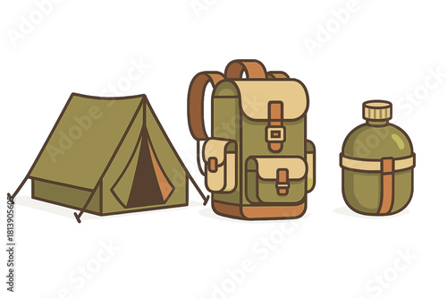Set of essential camping and hiking equipment featuring a green tent, large rucksack, and military style canteen