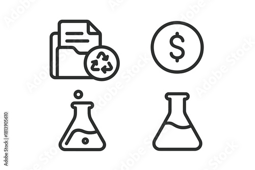 Outline symbols for finance, sustainability, and scientific laboratory research