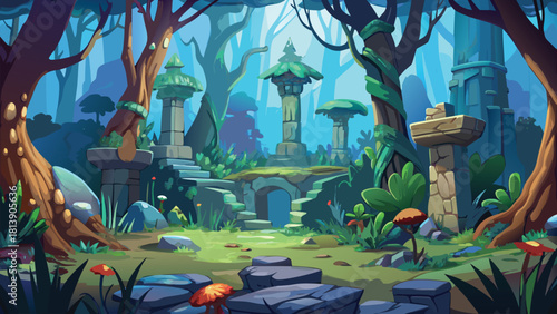 Dense tropical jungle at sunrise with tall towering trees vector illustration ai generated art