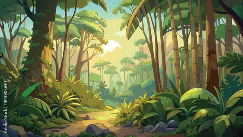 Sunrise light filtering through a dense tropical jungle of tall trees vector illustration ai generated art