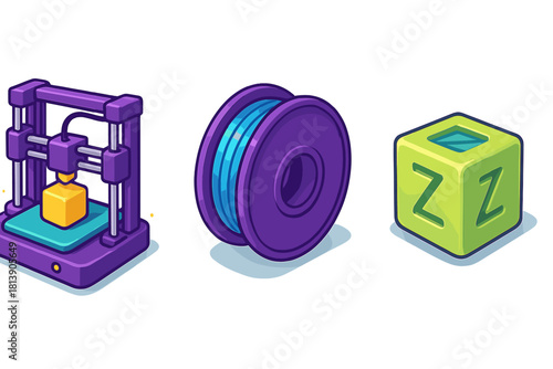 Isometric 3D printing machine, plastic filament spool, and printed object set