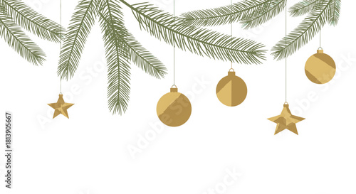 Elegant gold geometric Christmas tree with a star and baubles on a dark green background, a modern and minimalist holiday concept