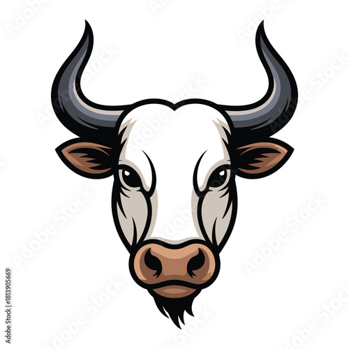 Head of a white bull or ox with large curved horns, a detailed cartoon illustration isolated on