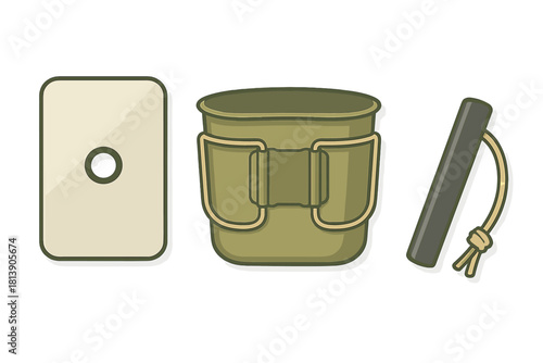 Essential survival gear set featuring a canteen pouch, mess kit cup, and fire starter rod