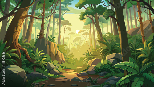 Dense tropical jungle at sunrise tall trees vector illustration ai generated art