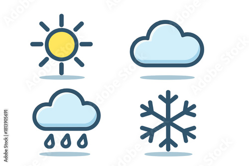 Set of four simple weather forecast symbols: sun, cloud, rain, and snowflake