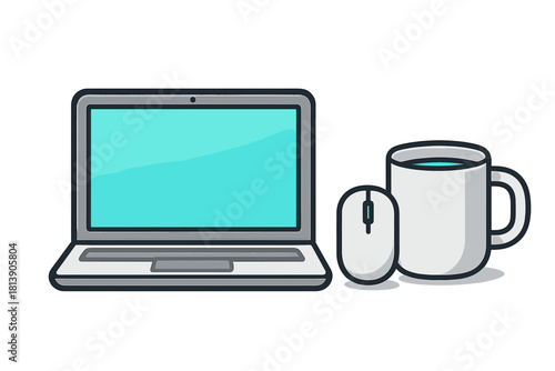 Modern remote work setup with open laptop, computer mouse, and ceramic coffee mug