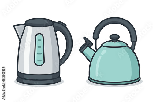 Modern electric kettle compared to traditional whistling stovetop kettle design
