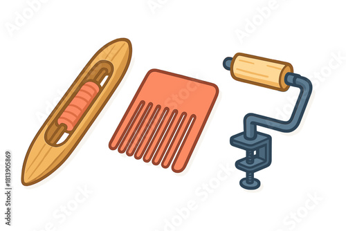 Essential wooden tools for textile weaving craft: shuttle, comb, and yarn winder