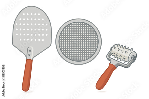 Set of essential pizza baking tools including a perforated peel, screen, and dough docker