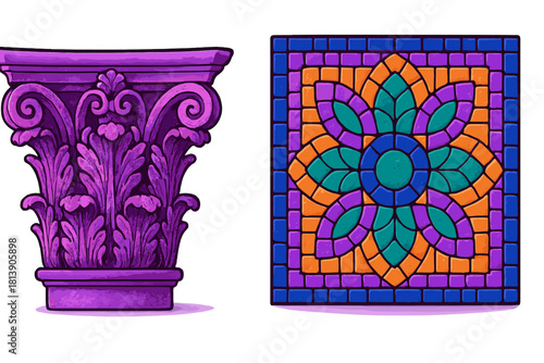 Ornate purple Corinthian capital and bright geometric floral mosaic tile design