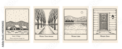冬のやさしい風景・ペン画カードセット、Gentle Winter Scenery Pen-illustration Card Set